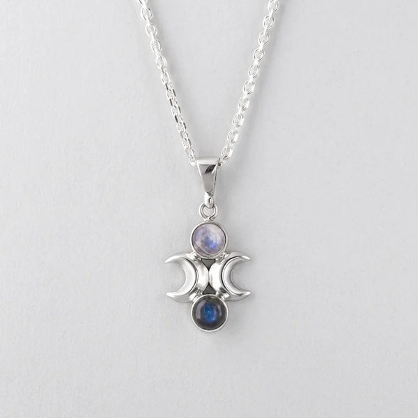 Nick Von K - Moon Phase Pendant in Sterling Silver with Labradorite and Rainbow Moonstone