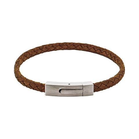 Cudworth - Braided Suede & Steel Calabria Bracelet, 21.5cm x 6mm, Tan