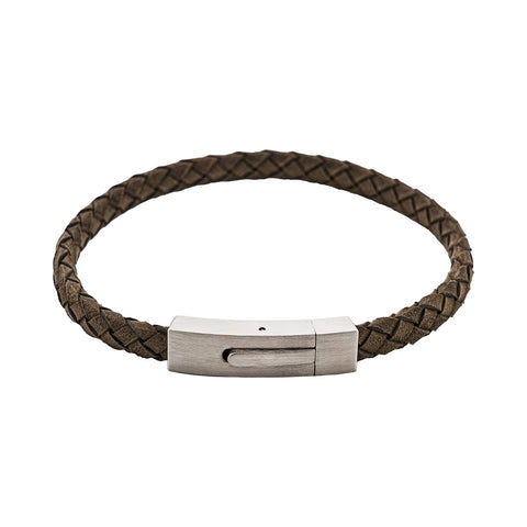 Cudworth - Braided Suede & Steel Calabria Bracelet, 21.5cm x 6mm, Flint