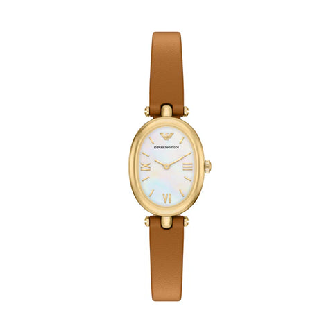 Emporio Armani - Mother of Pearl Dial Brown Leather Strap Watch