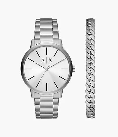 Armani Exchange - Three-Hand Stainless Steel Watch and Bracelet Gift Set