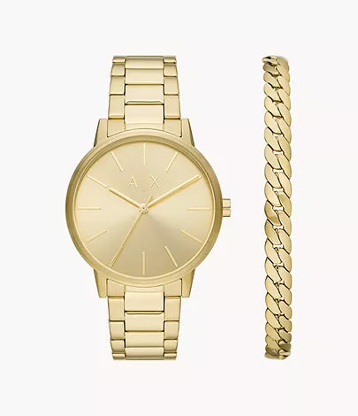 Armani Exchange - Three-Hand Gold Watch and Gold Plate Stainless Steel Bracelet Set