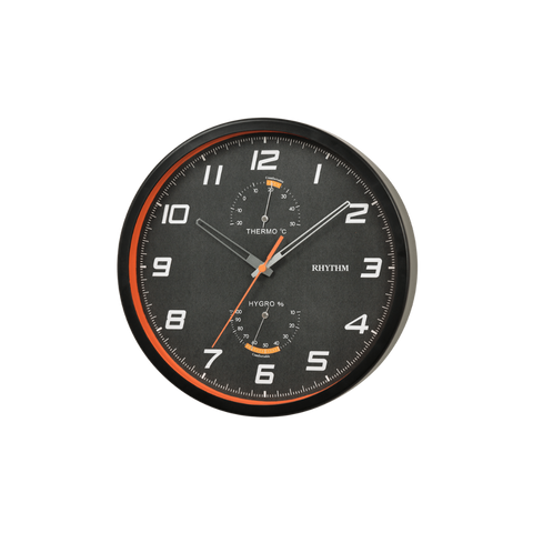 Rhythm - Wall Clock With Thermometer & Hydrometer Black & Orange