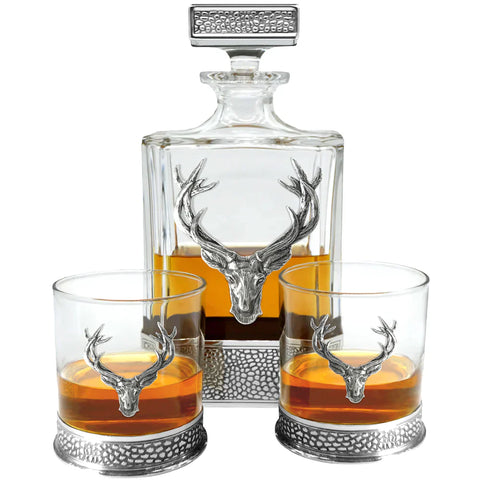 English Pewter Company - Regal Stag Rectangular Pewter Decanter Set with matching Tumblers