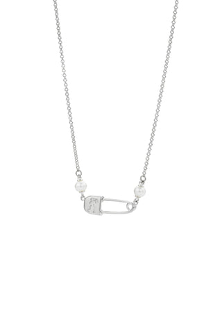 Karen Walker - Runaway Safety Pin Necklace with 2 x 4mm Freshwater Pearls Silver