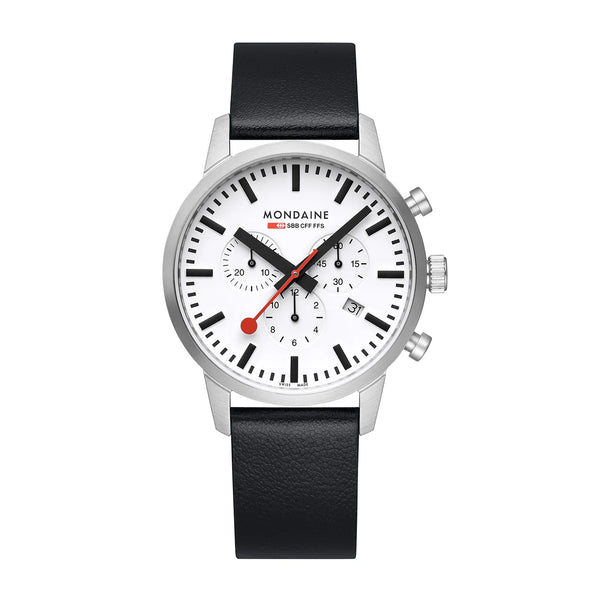 Mondaine - Chronograph White Dial & Black Leather Strap Watch