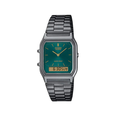Casio - Classic Vintage Black Stainless Steel Band Green Dial Watch