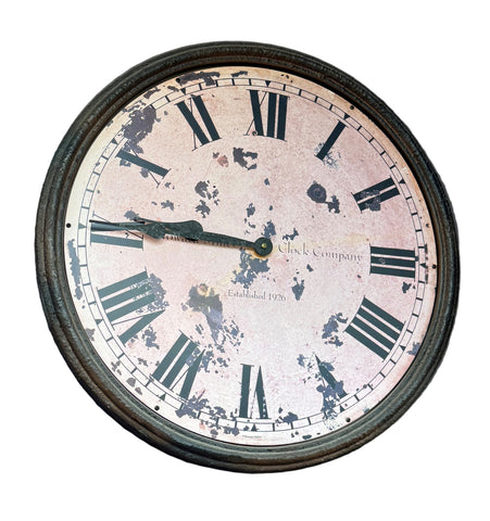 Round wall clock with black Roman numerals on a white background