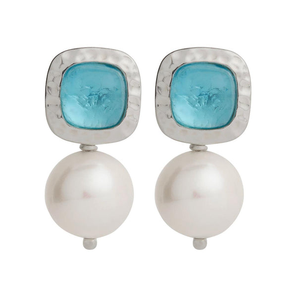 Najo - Sterling Silver Square Blue Topaz & Freshwater Pearl Earrings