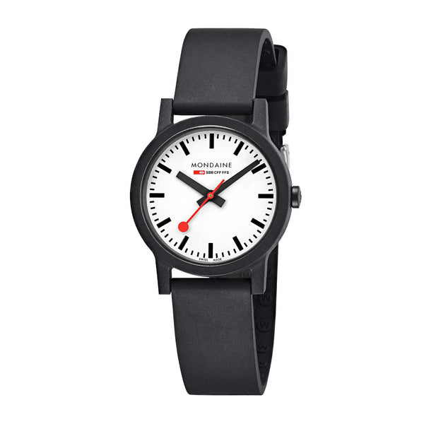 Mondaine essence - White Dial, Black & Black Strap