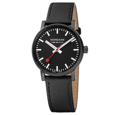 Mondaine evo2 (35mm) - Black Dial, Black Leather