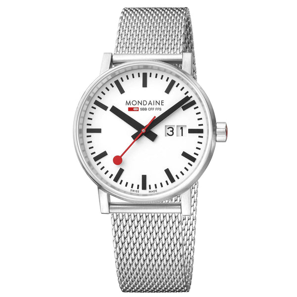 Mondaine evo2 (40mm) Big Date - White Dial, Silver Mesh