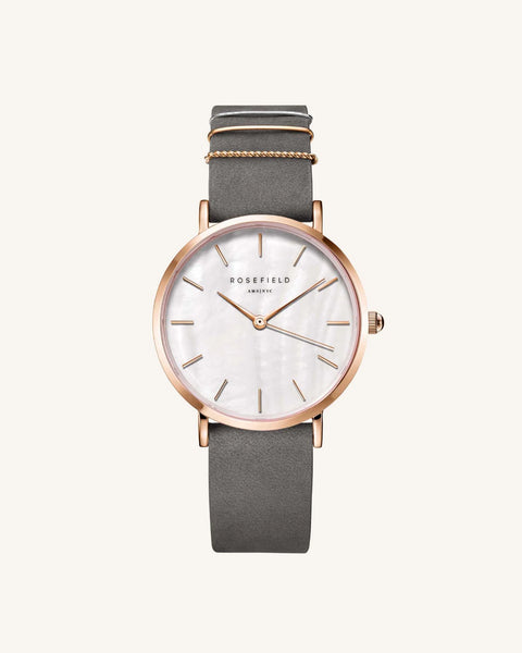 Rosefield 'The West Village' White Pearl, Elephant Grey &Rose Gold Watch