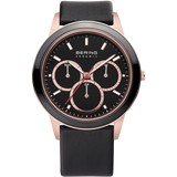 Bering - Gents Multi function Rose Ceramic Bezel Black Leather Watch