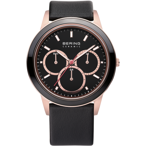 Bering - Gents Multi function Rose Ceramic Bezel Black Leather Watch