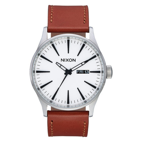 Nixon - Sentry Leather Watch - White Sunray/Saddle